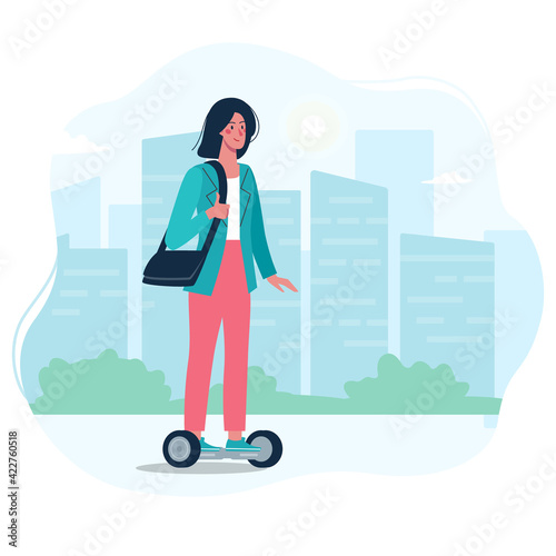 girl rides on a modern gyro board. Eco-friendly alternative transport. Vector illustration of a girl in a flat style on the background of the city