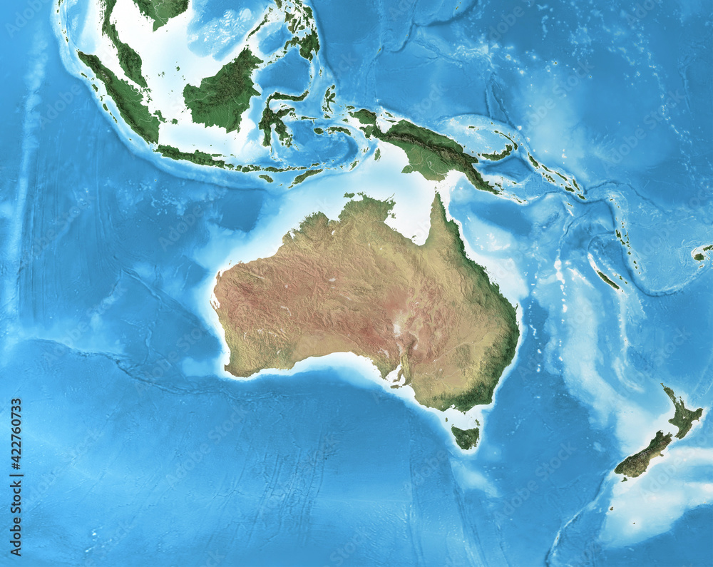 Physical map of Australia, with high resolution details. Flattened satellite view of Planet Earth, its geography and topography. 3D illustration - Elements of this image furnished by NASA