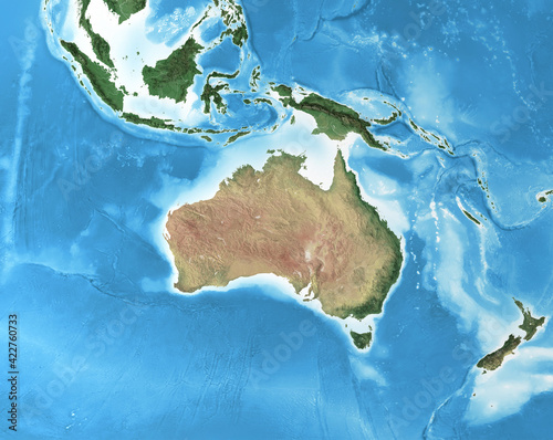 Physical map of Australia, with high resolution details. Flattened satellite view of Planet Earth, its geography and topography. 3D illustration - Elements of this image furnished by NASA