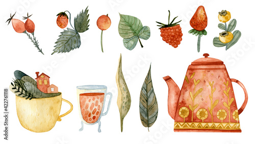 Watercolor set of hand painted strawberries and green leaves. Large set of watercolor elements for a tea party.