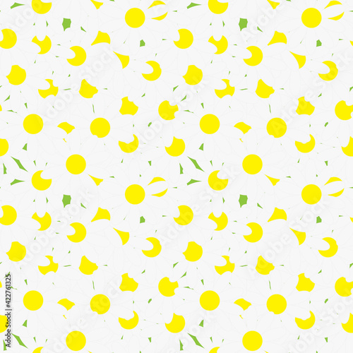 Fototapeta Naklejka Na Ścianę i Meble -  Unfolded chamomile on the whole green background, seamless pattern. Vector Illustration