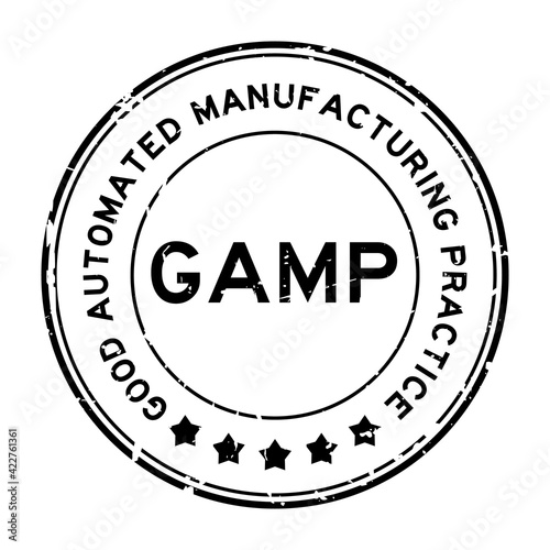 Grunge black GAMP Good Automated Manufacturing Practice word round rubber seal stamp on white background