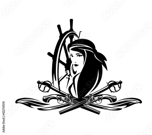 beautiful pirate woman with sabre sword, pistol gun and ship steering wheel - adventurous sea captain black and white vector portrait