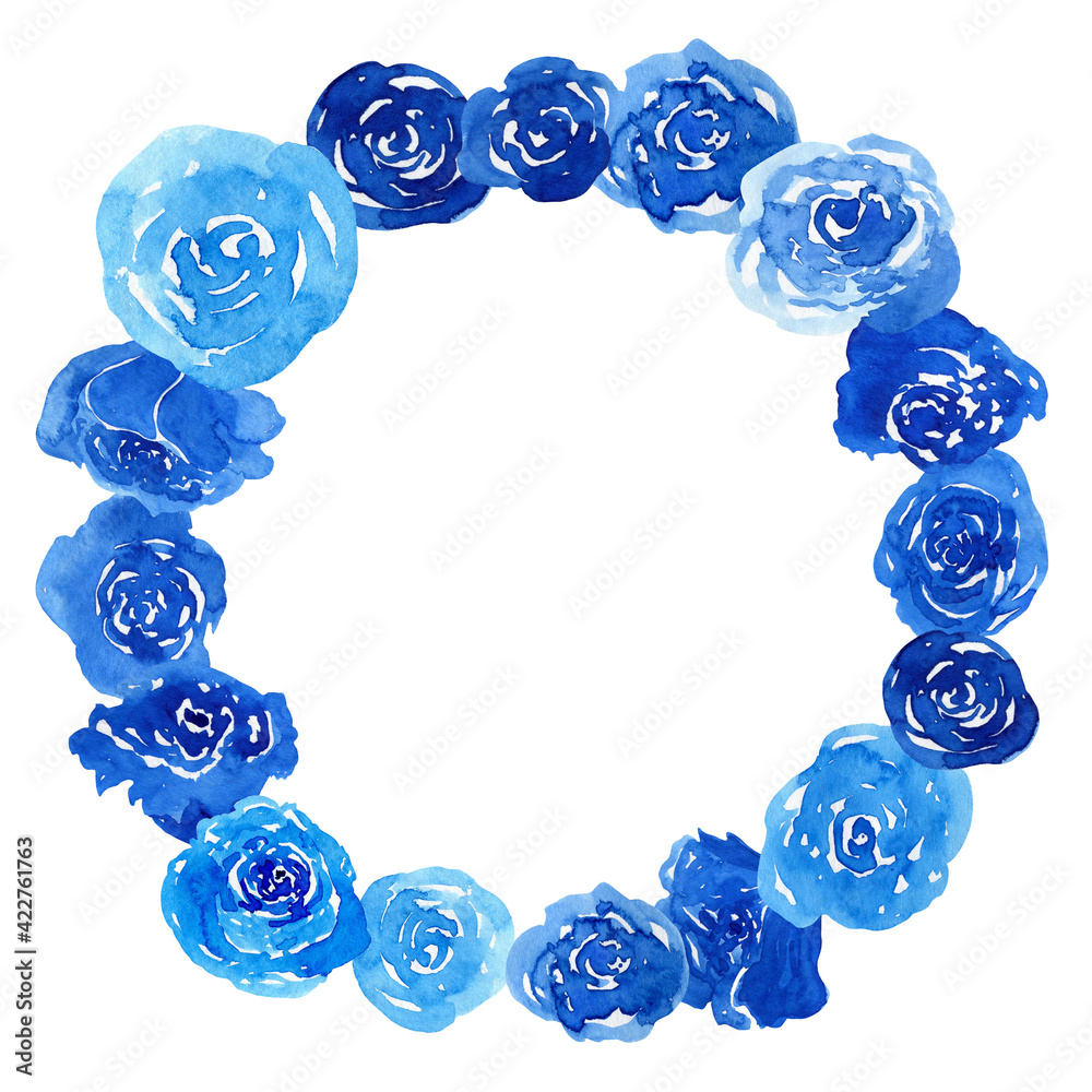 Fototapeta premium Watercolor floral circle frame. Blue leaves and flowers wreath. Nature foliage