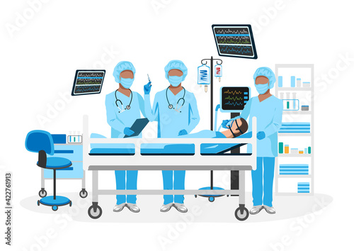 A sick person lies in intensive care and is connected to the artificial respiration system, nurses and doctors are standing next to him. Medical technology and life saving vector illustration isolated