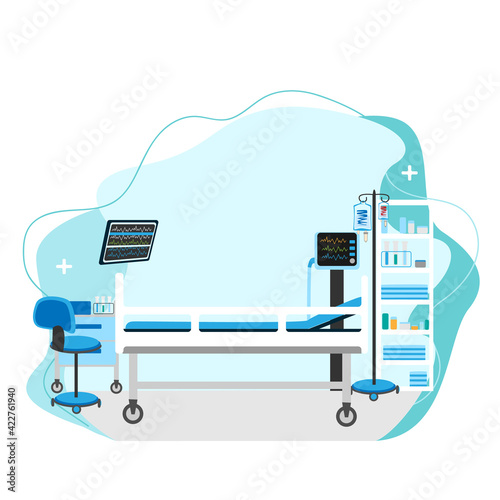 Vector illustration of empty resuscitation with hospital bed, monitors and medical equipment on abstract background and place for text.
