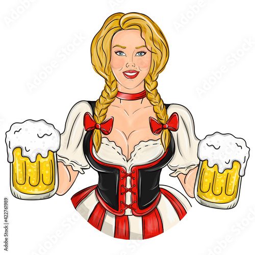Girl with beer. Sexy Woman With Beer, Oktoberfest. Germany Girl waitress carries beer glasses.