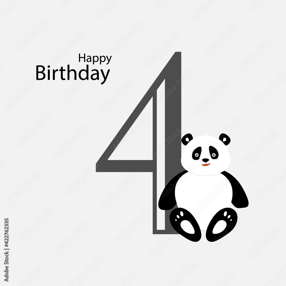 birthday card for kids with cute panda. 4 year old. Vector illustration.