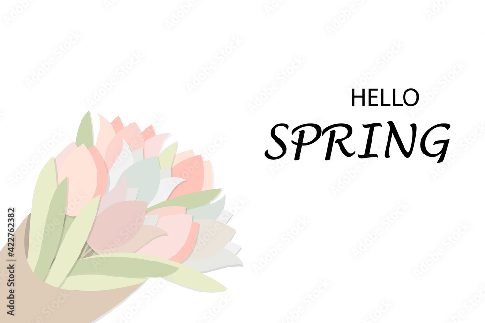 Spring season greeting card illustration. Tulip bouquet, hello spring. Colorful flower design for a festive event. Vector illustration.