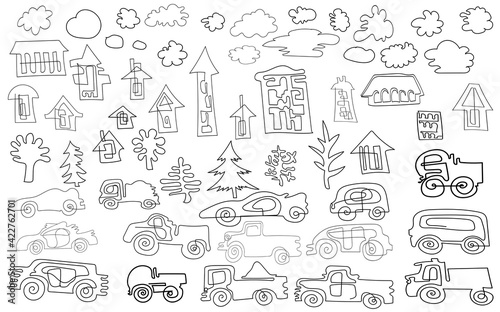 Hand-drawn silhouettes of houses, cars, clouds, trees on a white background.For icons and cursors.
