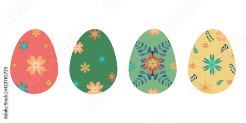 set of Easter eggs in spring decoration. Eggs decorated with flowers. Vector flat illustration.