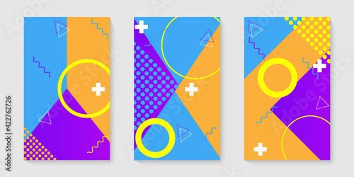 Cover templates with graphic geometric elements. Fashionable memphis style. Set of covers in neo memphis style. A collection of cool bright covers. Abstract shapes composition. Vector illustration.