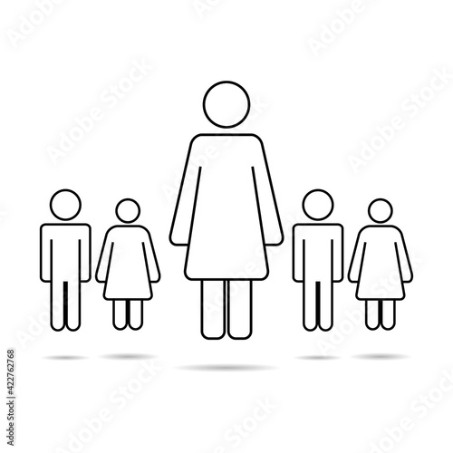lonely woman with children, kindergarten teacher with children, teacher with pupils. Vector illustration.
