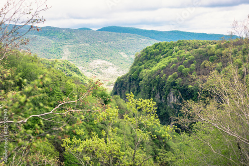 Okatse Canyon in Georgia. Beautiful natural canyon, hiking trail over the canyon, overlooking the mountain river, near Kutaisi. © Ann