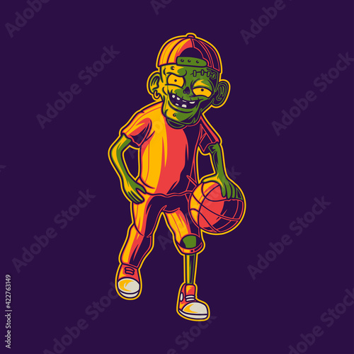 t shirt design zombie playing basketball in dribbling positions illustration