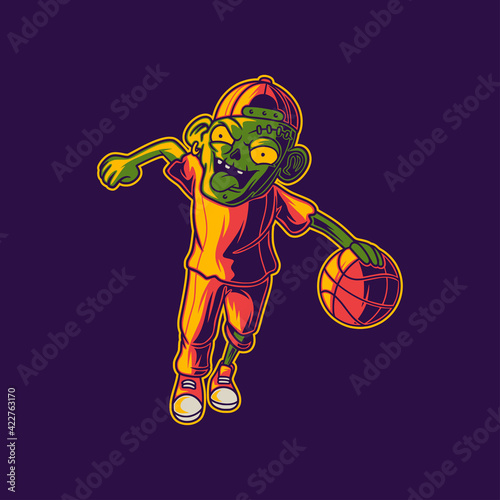 t shirt design zombie playing basketball in a running position to dribble illustration