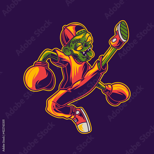 t shirt design the zombie kicks with the right foot boxing illustration