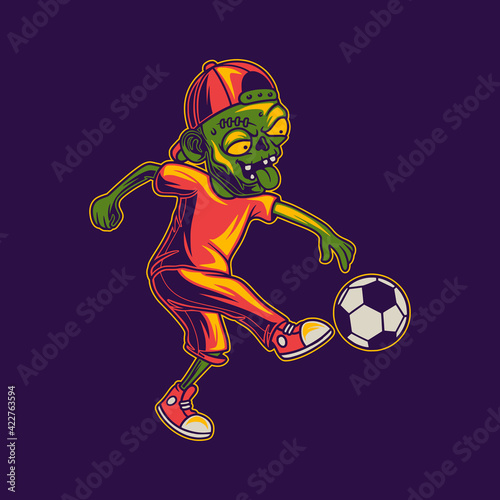 t shirt design playing ball kicking position zombie illustration