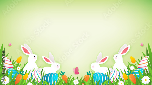 Easter Background vector illustration. Easter Eggs, white rabbits and carrots on spring flower meadows