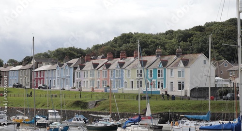 Aberaeron Street View with Coloful Georgian Houses and Boats in Wales, UK photo