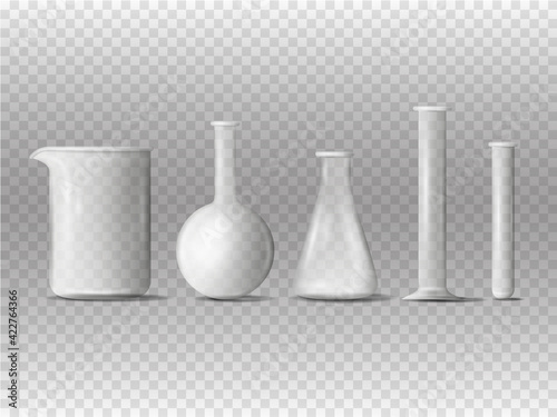 Laboratory equipment. Realistic 3D glass tubes, flask, beaker and other chemical and medicine lab measuring equipment. Laboratory flask