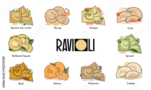 Italian pasta ravioli types. Vector illustration on white background.