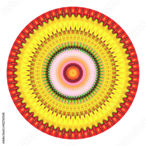 Creative multicolored points round symbol. Abstract symmetrical logo. Mosaic colorful beautiful beads. Circle dots modern pixel floral art icon. Colored pattern ornament wheel decorative illustration.