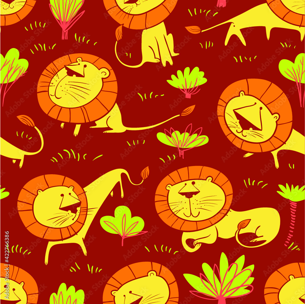 Cute wild lions background. Seamless pattern with doodle leo characters. Sketchy style vector illustration for childish objects, t-shirts, textile. African landscape drawing Cute wild lions background. Seamless pattern with doodle leo characters. Sketchy style vector illustration for childish objects, t-shirts, textile. African landscape drawing