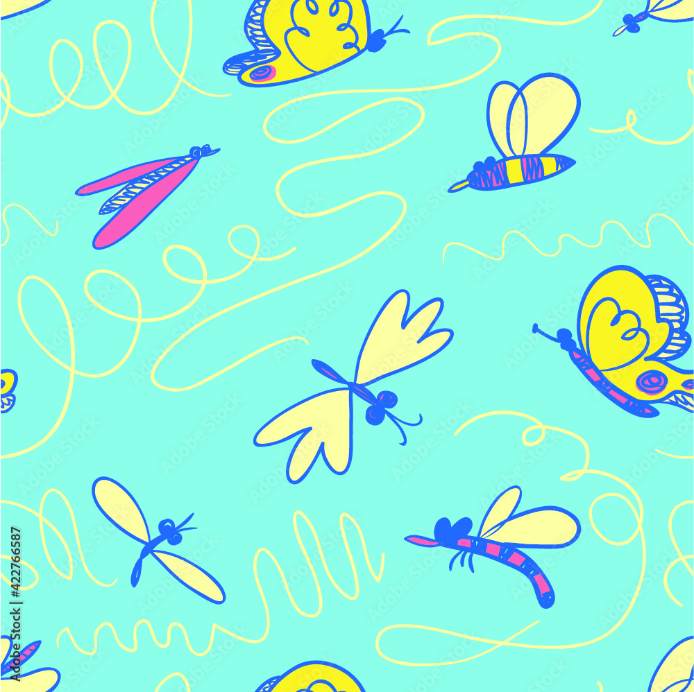 Obraz premium Summer seamless pattern with flying insects in the sky. Bees and butterlies. Background with cute natural objects. Vector illustration in doodle sketchy style. 