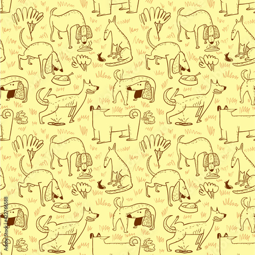Seamless pattern with dogs. Vector illustration with cute cartoon pets . Funny animal characters in doodle style. Collection with cheerful dogs for backgrounds, wrapping, surfaces