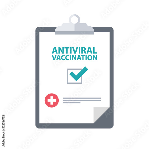 Clipboard with antiviral vaccination cheklist. Covid-19 prevention. Safety measure during coronavirus. Vector illustration.