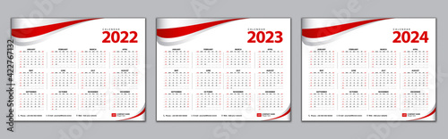 Calendar 2022, 2023, 2024 year template, Simple calendar, desk calendar design, wall calendar, Week starts from Sunday. Set of 12 Months, Planner, poster, vector eps10, red abstract background