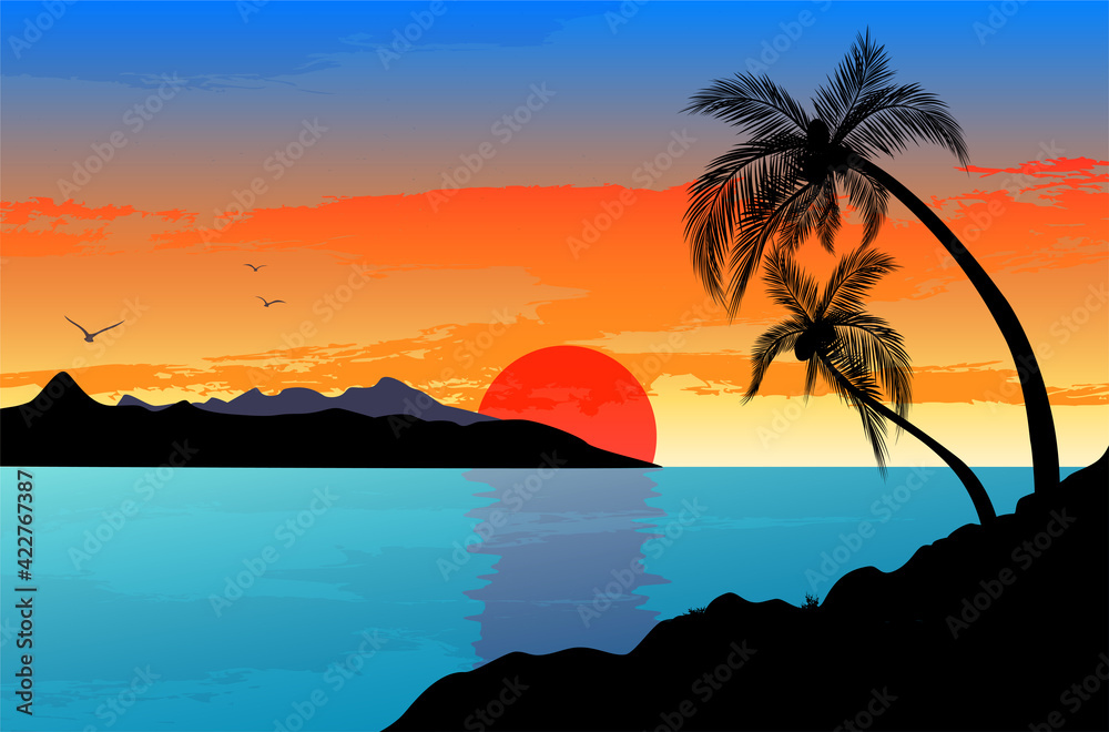 Tropical sunset with palm silhouettes, hills and ocean