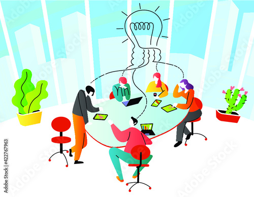 Brainstorm in modern office. Communication with goal to create idea. Vector illustration in flat style. people in process of command work
