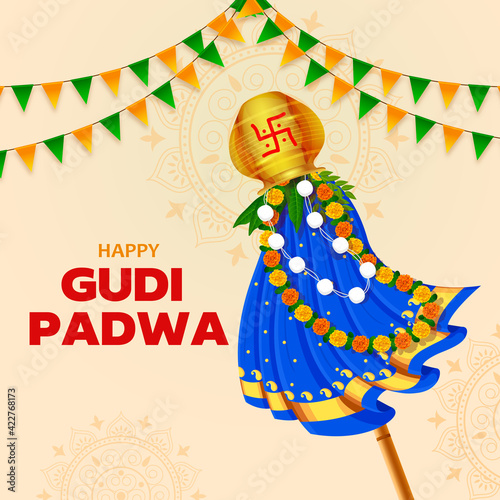 Greeting traditional Gudhi for Indian New Year festival Gudi Padwa & Happy Ugadi Greeting photo