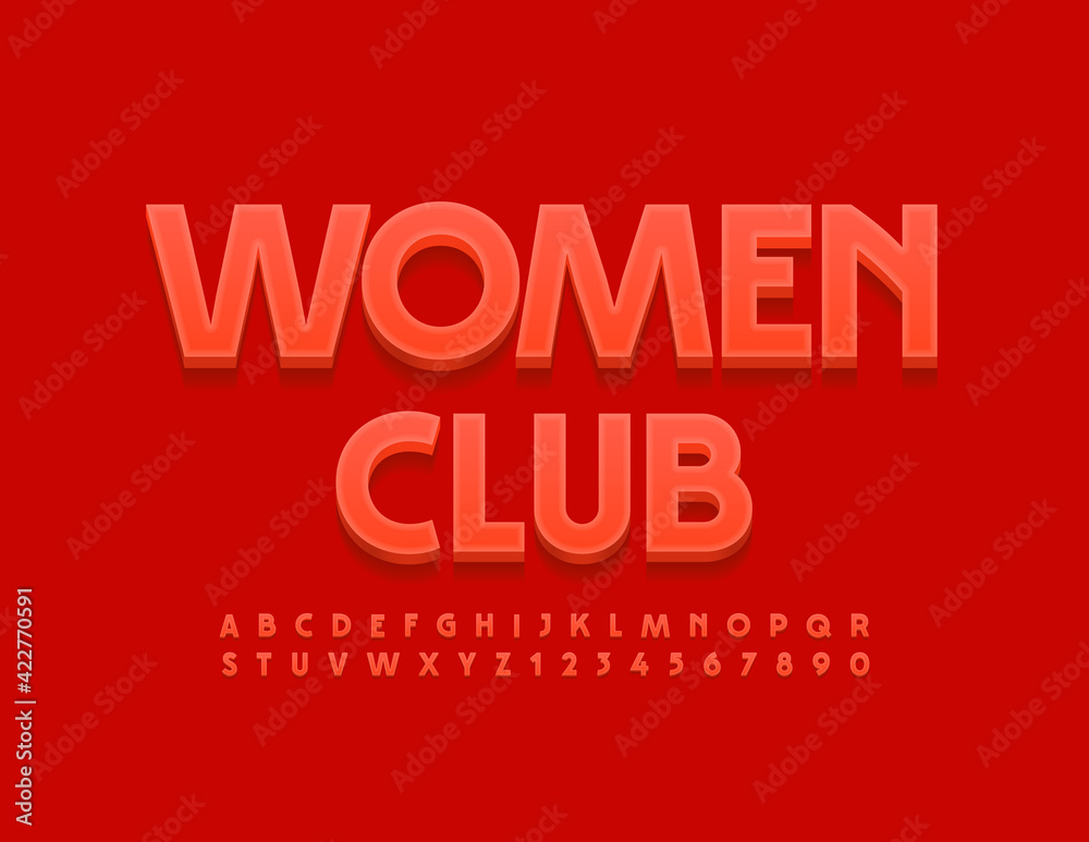 Vector modern emblem Women Club. Trendy Red 3D Font. Artistic Alphabet Letters and Numbers set Vector modern emblem Women Club. Trendy Red 3D Font. Artistic Alphabet Letters and Numbers set