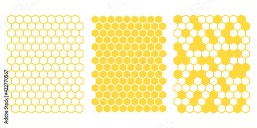 A beautiful yellow hexagonal honeycomb grid vector with honey dripping on the ground.