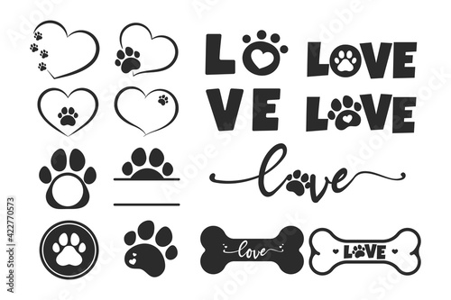 Vector design loves dogs. Heart, bone and floating dog feet for pet supplies stores. photo
