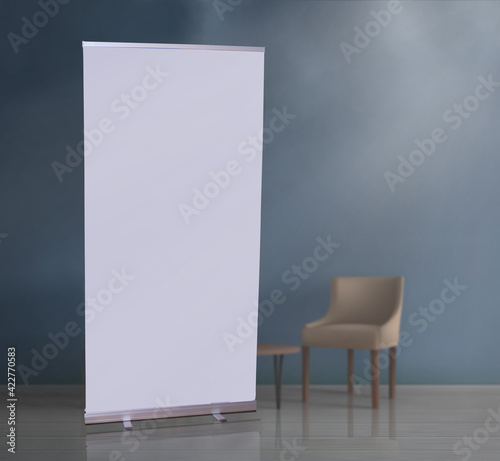 Blank white roll up banner in modern office for mockup photo