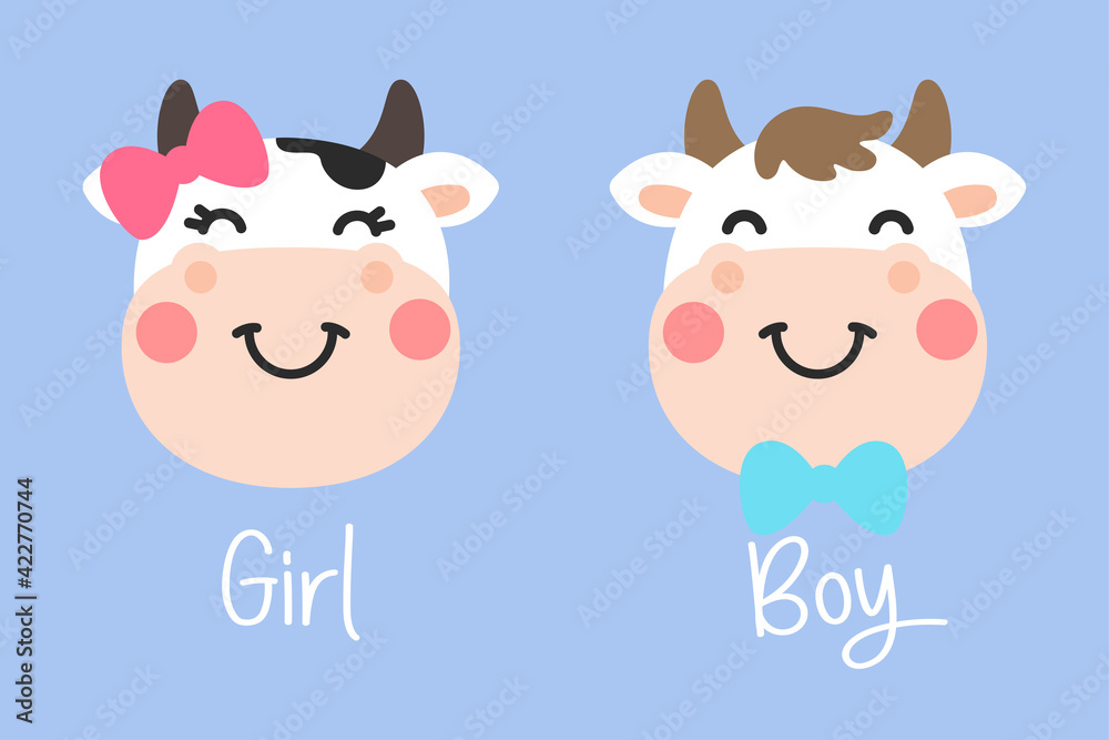 Obraz premium Vector cartoon cute cow face A bull and a female with a bow Separate from the background
