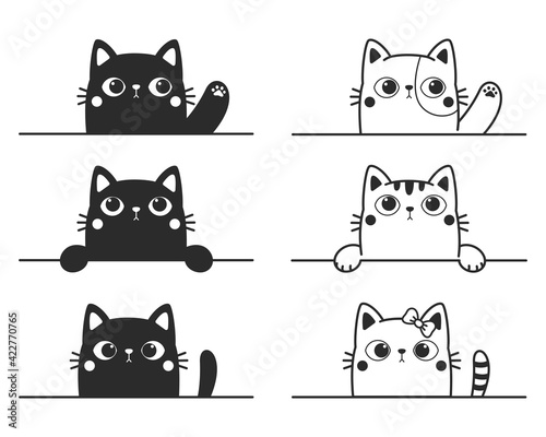 Vector cartoon silhouette of black cat waving to the wall is waving Cute kitten line drawing.