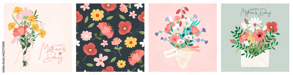 Happy Womens Day March 8 Cute cards and posters for the spring holiday. Vector illustration of a date, a women and a bouquet of flowers