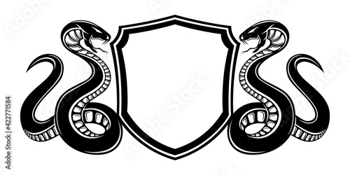 Illustration with two snakes and a shield on a white background.