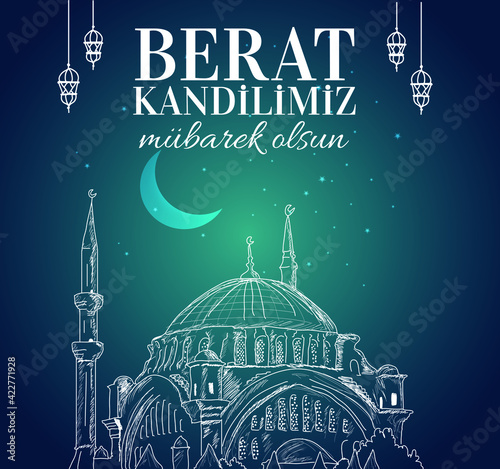 Berat kandilimiz mubarek olsun Translation: islamic holy night, vector, Barat festival vector
