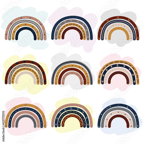 Vector hand drawn rainbow set. Rainbow in boho style. Nursery decoration in pastel colors. Doodle illustration. Clip art elements for baby shower, textile, children party, poster. Scandinavian style.