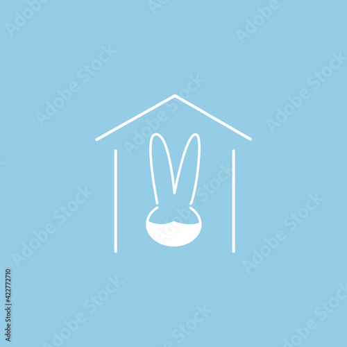Happy Easter 2021 Card with Funny Vector Minimalist Icon Cartoon Character of Small White Bunny Rabbit Wearing Protective Face Mask or Respirator staying at home in Quarantine. COVID-19 Reaction.
