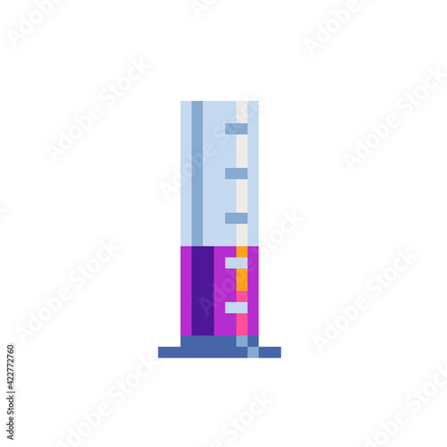 Chemical flasks pink color, abstract pixel art icon. Glass flask. Test-tube and vial chemical technology symbol. 8-bit style. Isolated vector illustration.