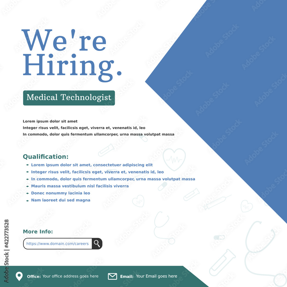Fototapeta premium Hiring recruitment design for social media post. Creative job vacancy template for medicalcare. We are hiring doctor specialist, banner, poster, announcement job for hospital