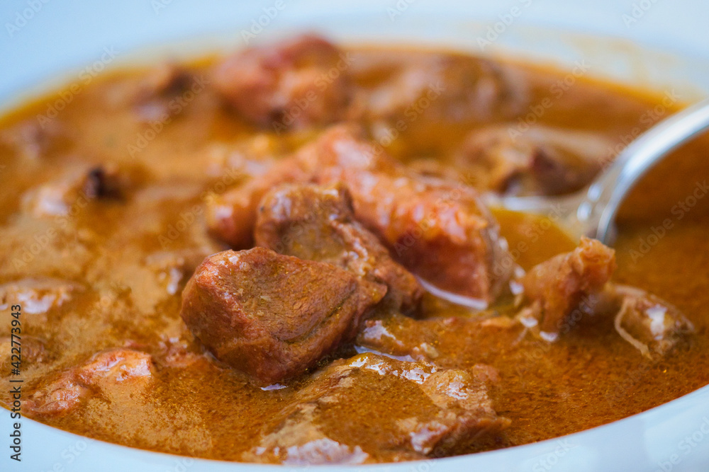 Traditional Croatian rustic meat dish - venison gulash with rich berry and mushroom sauce 