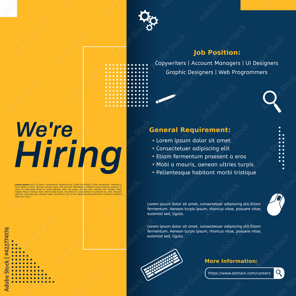 Creative announcement job vacancy social media post feed design. We are